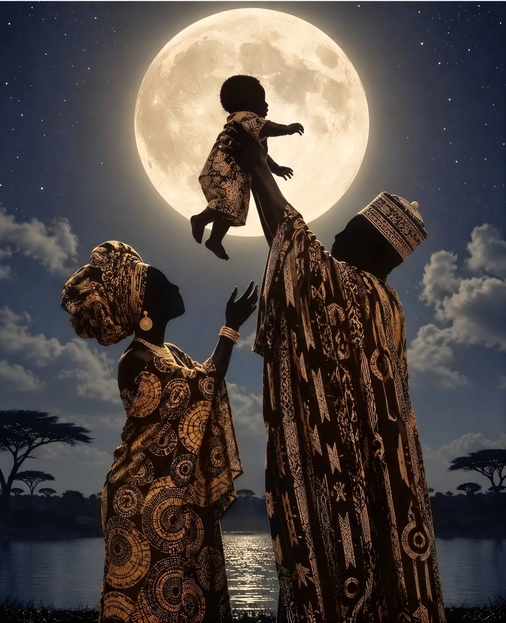 African family under full moon — father lifting child, mother reaching upward, dressed in traditional African attire