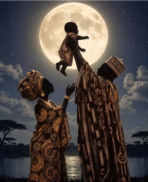 African family under full moon — father lifting child, mother reaching upward, dressed in traditional African attire
